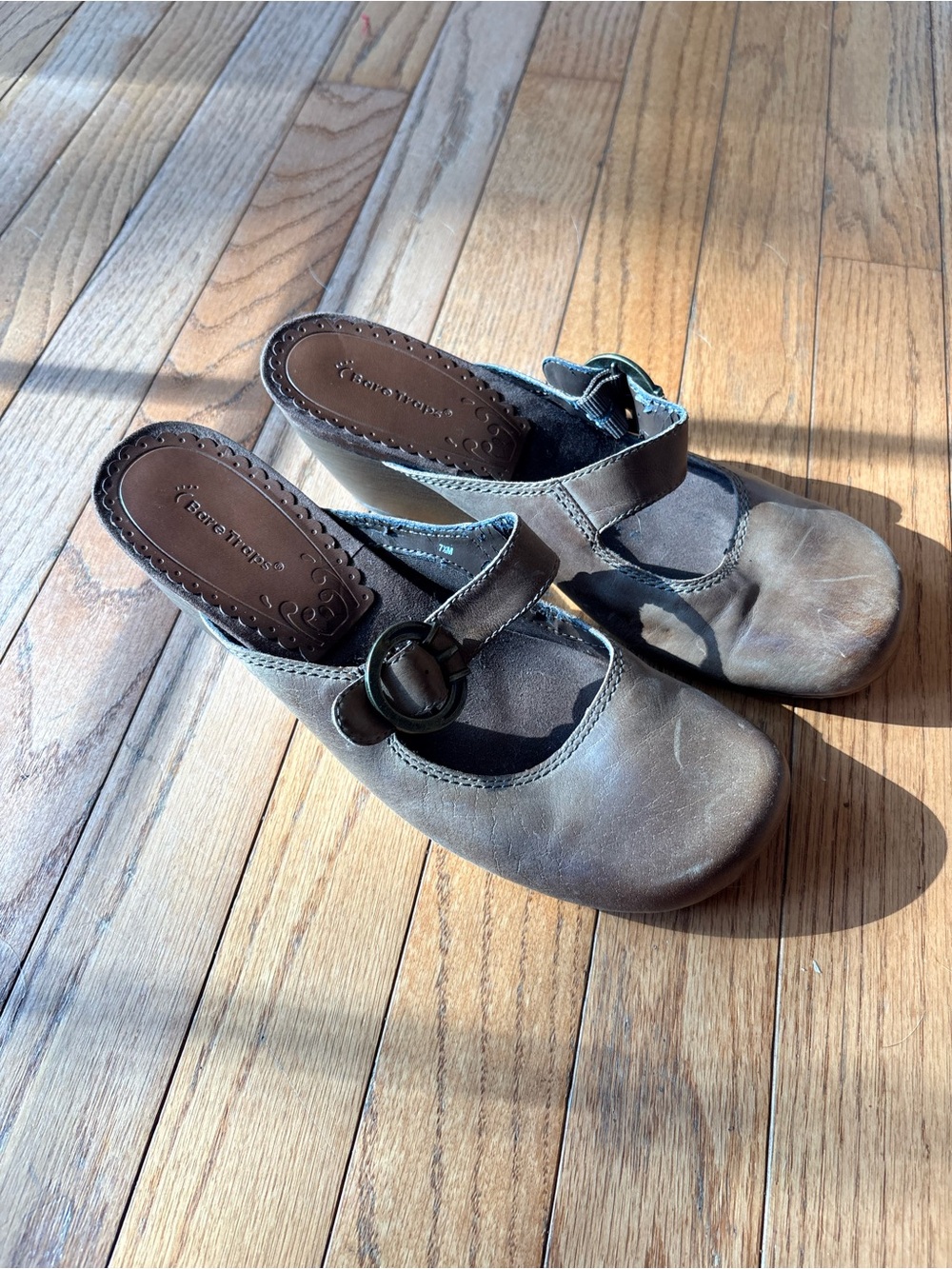 BareTraps Taupe Brown Mary Jane Wedge Mules with Buckle